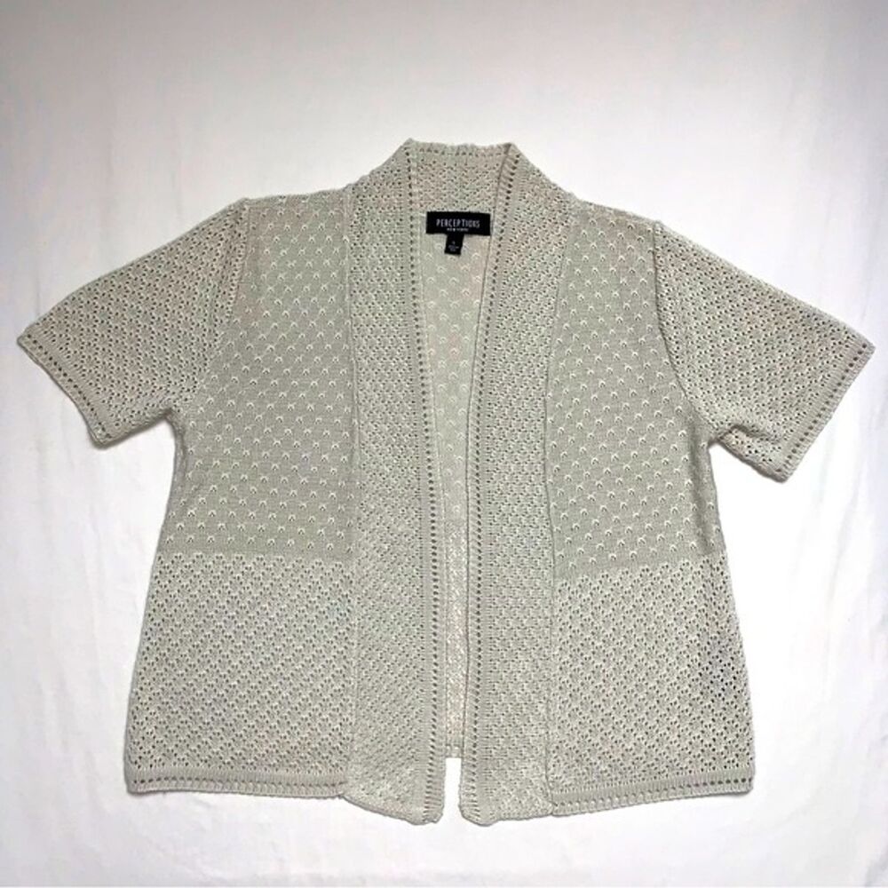Crochet Cardigan Women's Large Light Tan Short Sleeve Open Front PERCEPTIONS